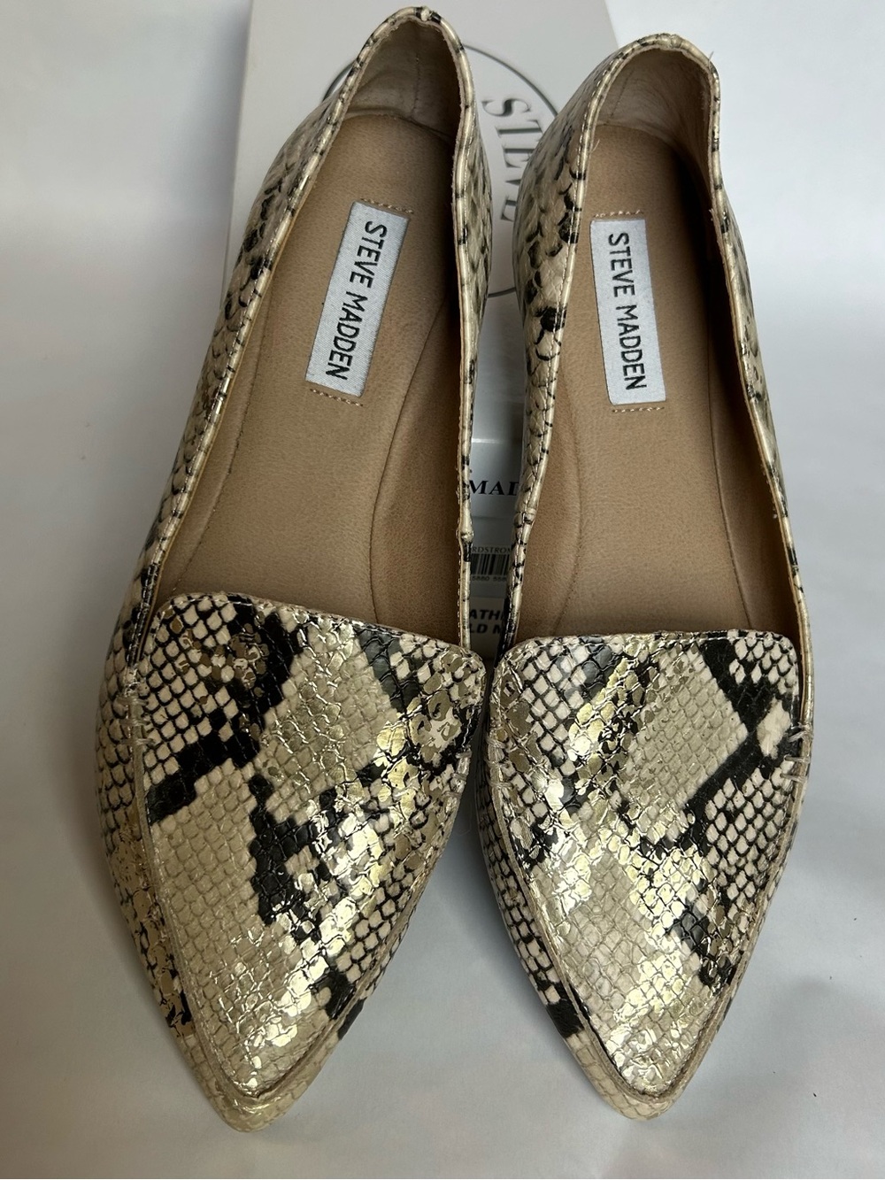 Steve Madden Cream and Black Snake-Print Pointed Loafer Flats